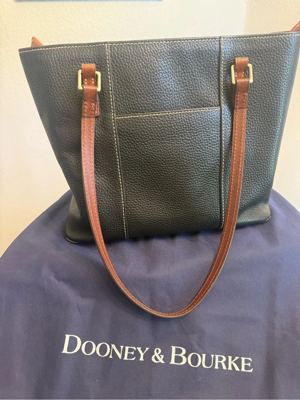 Dooney & Bourke Black Lexington Leather Tote with Brown Straps